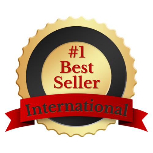 #1 International Bestseller gold medallion with red ribbon