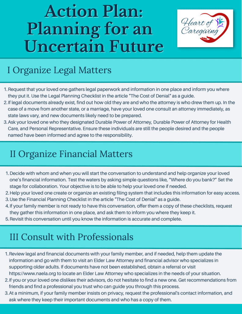 Action plan to help caregivers organize legal and financial matters